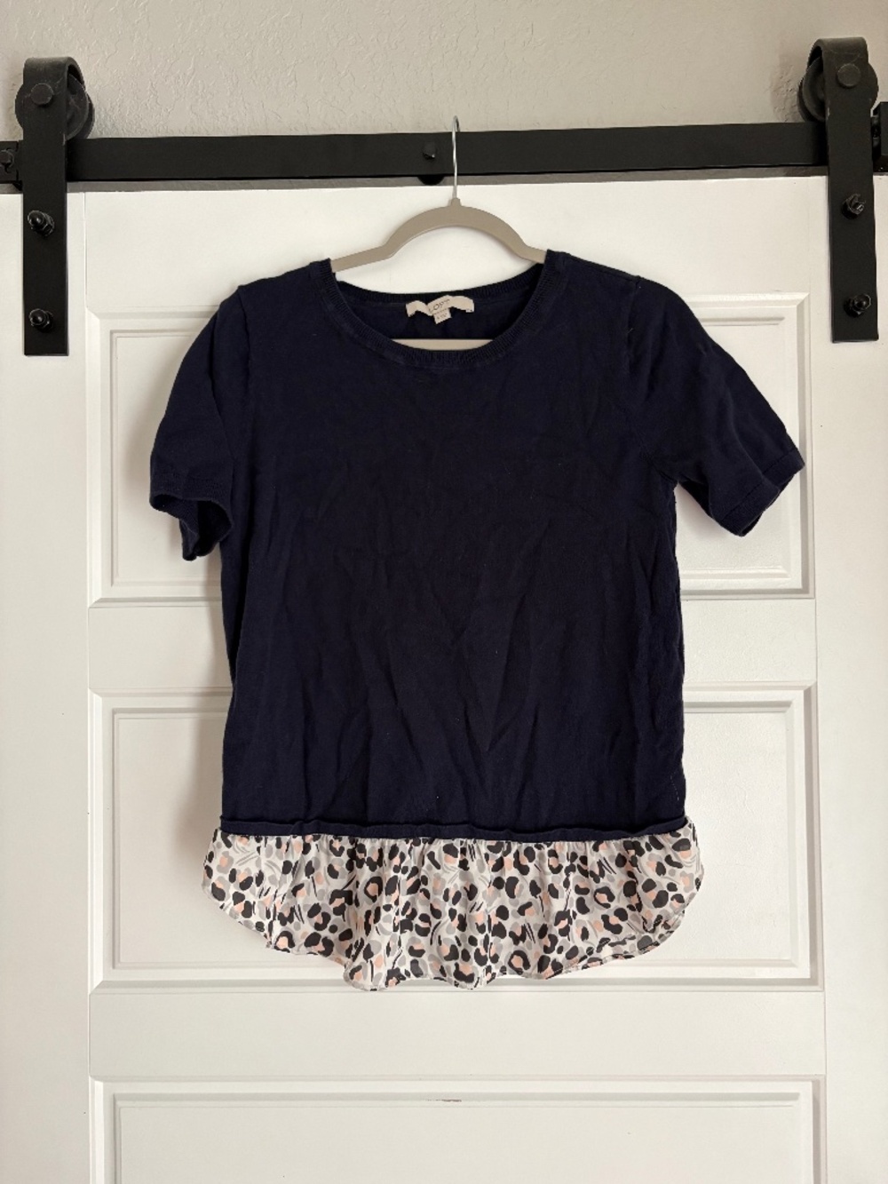 LOFT Women's Navy/Gray Mixed Media Cross Back Short Sleeve Shirt size S